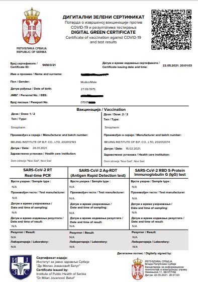 Zeleni digitalni sertifikat izgled primer